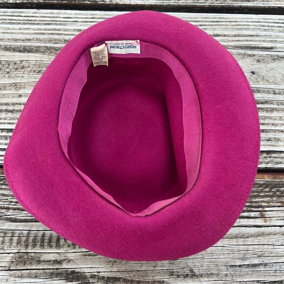 Vintage Nordstrom Magenta Wool Hat | Italy 90s Blossom Style Bow Boater Pork Pie - Picture 6 of 11